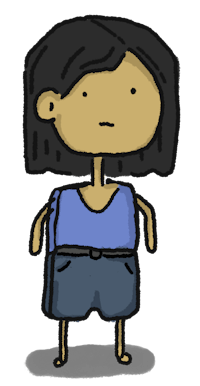 a cartoon girl with shorts and a backpack