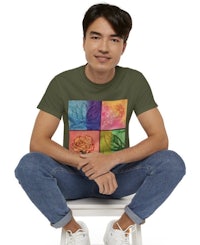 a man sitting on a chair wearing a green t - shirt