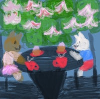 a drawing of two teddy bears sitting at a table