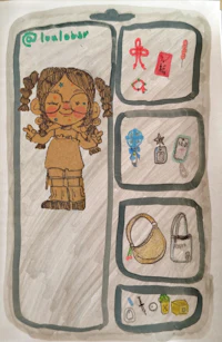 a drawing of a girl with a lot of items on it