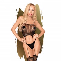 a blond woman in a black lingersuit and stockings
