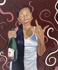 a painting of a woman holding a bottle of champagne