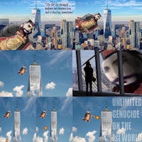 a picture of a man flying over a city