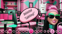 a girl with pink hair and glasses is sitting in a pink room