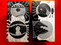 two black and white drawings on a red background