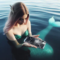 a mermaid holding a broken cell phone in the water