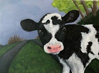 a painting of a black and white cow in a field