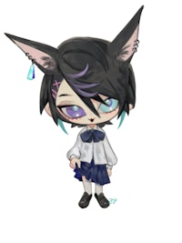 a cartoon cat with blue eyes and purple ears