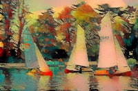 a painting of sailboats on a lake