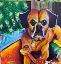 a painting of a boxer dog sitting in front of a tree
