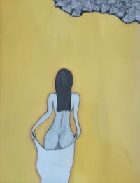 a painting of a nude woman standing in front of a yellow background