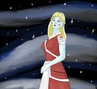 a girl in a red dress standing in front of a starry sky