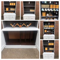 a collection of pictures of a white hutch with wine racks