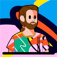 a cartoon of a man with a beard and a colorful shirt