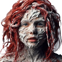 a woman with red hair covered in icing