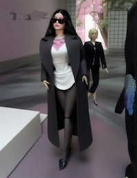 a woman in a black coat and sunglasses is standing next to a barbie doll