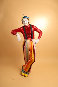 a clown in a colorful costume posing on a beige background