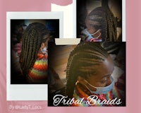 two pictures of a girl with braids on her head