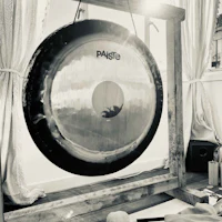 a gong hanging on a wall in front of a window