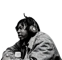 a black and white photo of a man with headphones