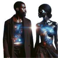 a man and a woman standing next to each other wearing t - shirts