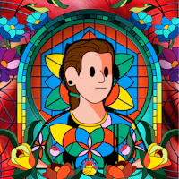 a stained glass image of a woman with flowers in her hair