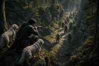 a man with a gun and a group of dogs on a trail