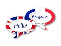 two speech bubbles with the words bonjour and hello