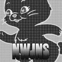 a black and white image of a cat with the word nwns
