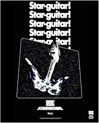 a black and white poster with the word starguitar on it
