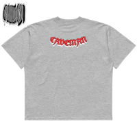 a grey t - shirt with a red logo on it