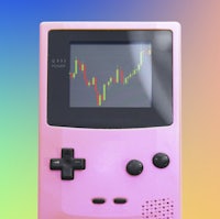 a pink gameboy with a stock chart on it