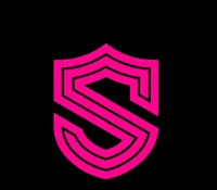 a pink shield logo on a black background
