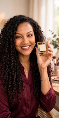 a woman with curly hair holding a bottle of perfume