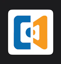 a blue and orange icon with the word d