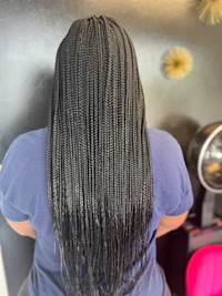 a woman with long black braids in a salon