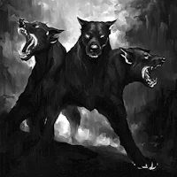 a painting of three black wolves with their mouths open