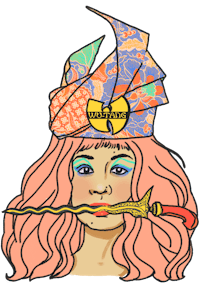 a cartoon of a woman with a hat and a pipe
