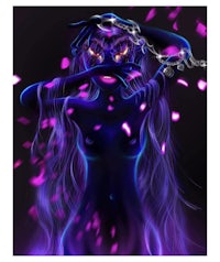 an image of a woman with purple hair and a chain around her neck