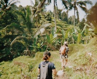 two people walking down a trail in the jungle