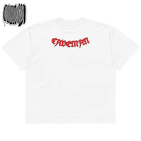 a white t - shirt with a red logo on it