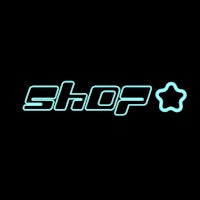 a neon logo with the word shop on a black background