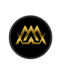 a gold logo on a black background