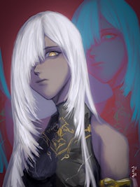 a white haired girl with a red background