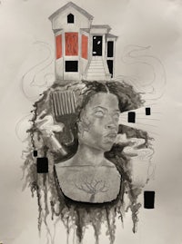 a drawing of a house with a woman in it