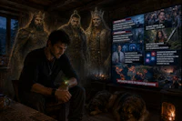 a man is sitting in front of a tv with a dog in front of it