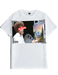 a white t - shirt with a picture of bob ross on it