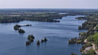 an aerial view of a lake in a forest
