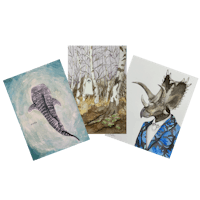 three cards featuring a rhino, a giraffe, and a zebra