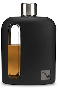a black flask with an oil bottle inside